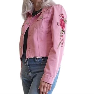 Upcycled Raw Hem Embroidered Cropped Denim Jacket Sz S bubblegum pink